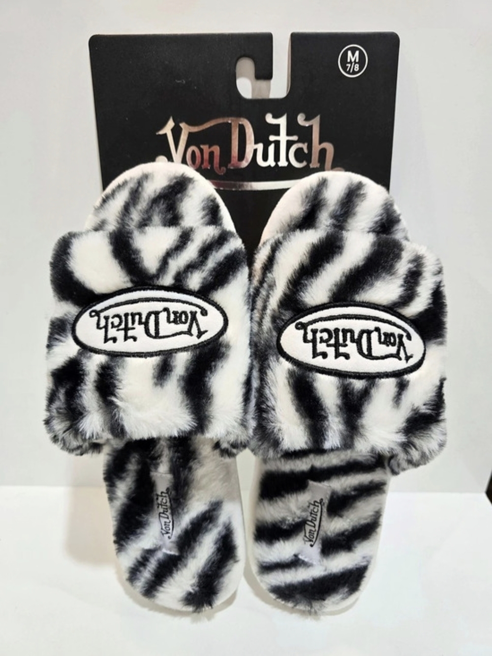 🖤▪️Von Dutch Faux Fur Zebra Slide Slippers Black & White